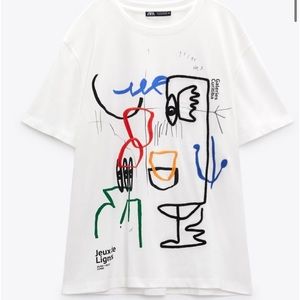 Zara White T-Shirt S - Embroidered Arty Red Yellow Black - Loose Boxy Fit